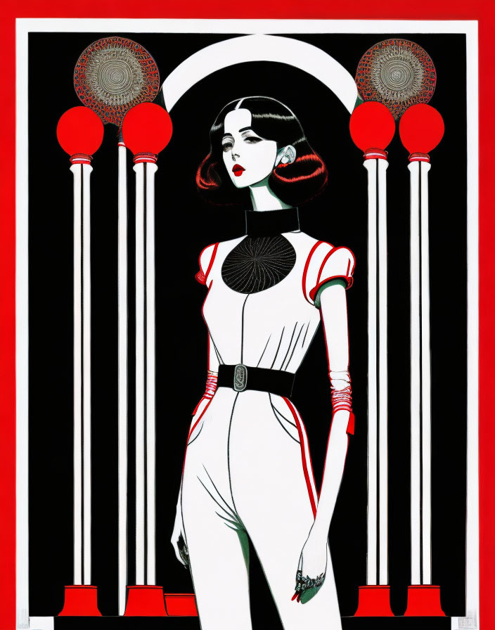 Art deco woman illustration in white and red dress with columns and motifs