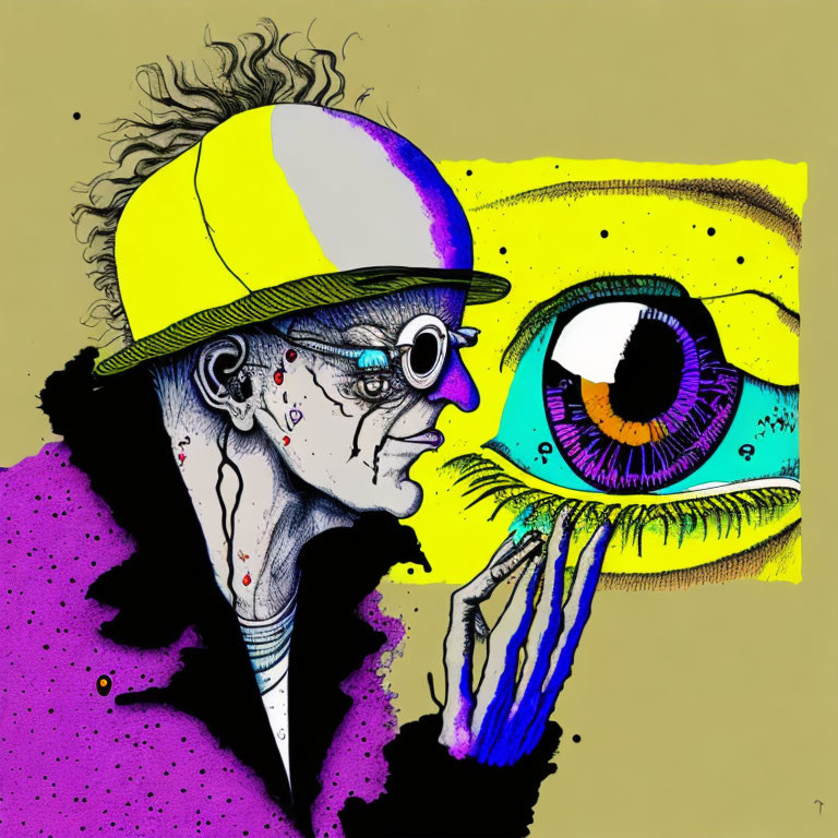 Vivid Elderly Person with Glasses and Hard Hat Examining Giant Eye