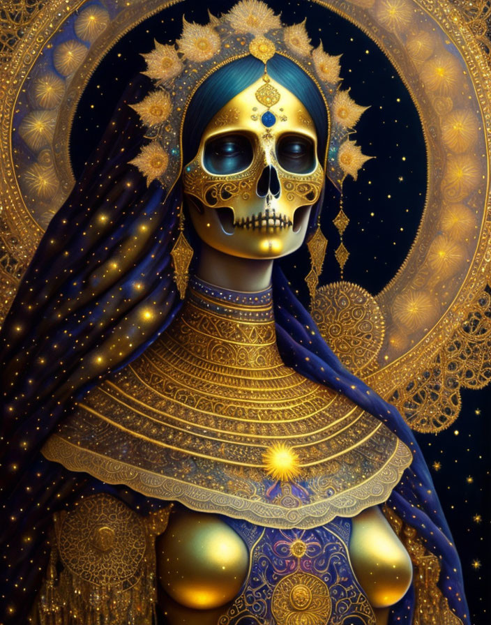 Skeletal figure in blue and gold regalia with starry veil and halo background