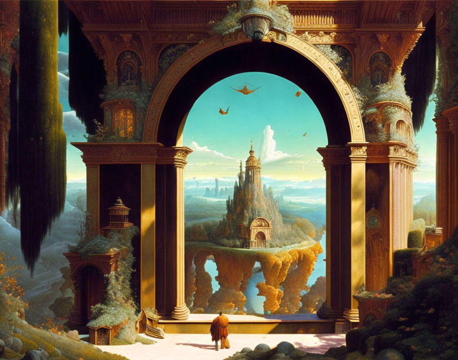 Person standing before grand archway overlooking fantastical landscape with castle, birds, and clouds.