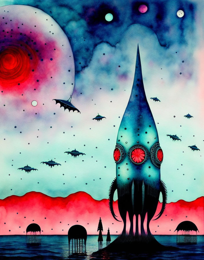 Fantasy landscape with rocket-like structure, red skies, and aquatic creatures.