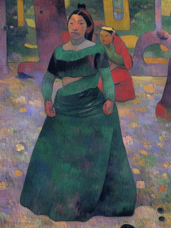 Vibrant painting of woman in green dress with child among abstract trees.