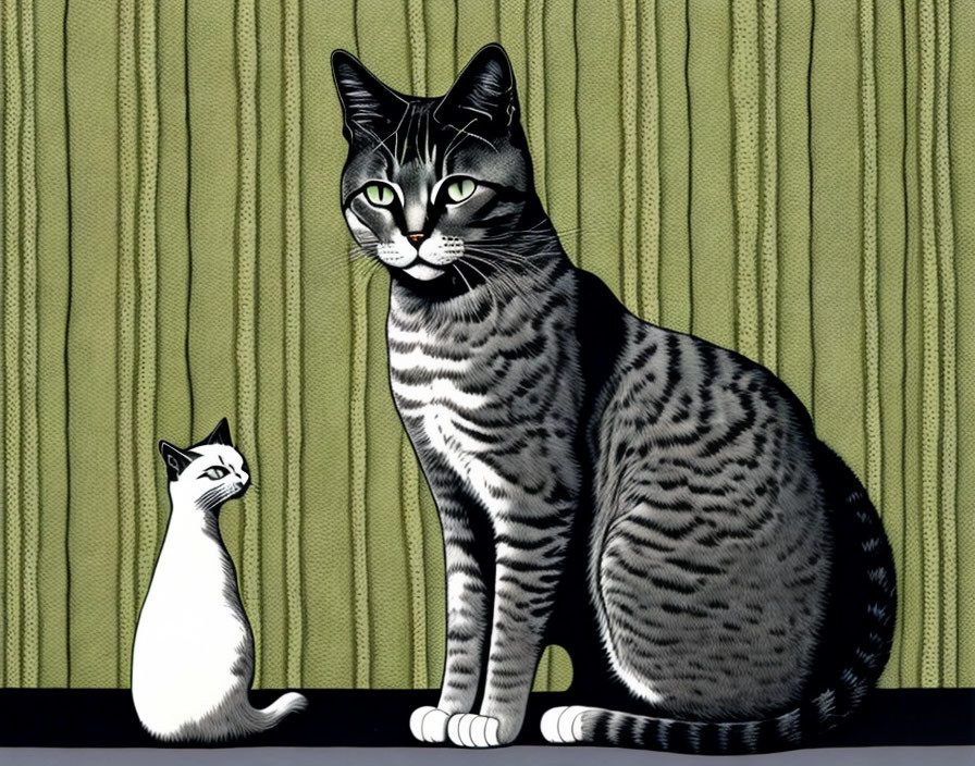 Illustrated grey-striped and white cats on green background