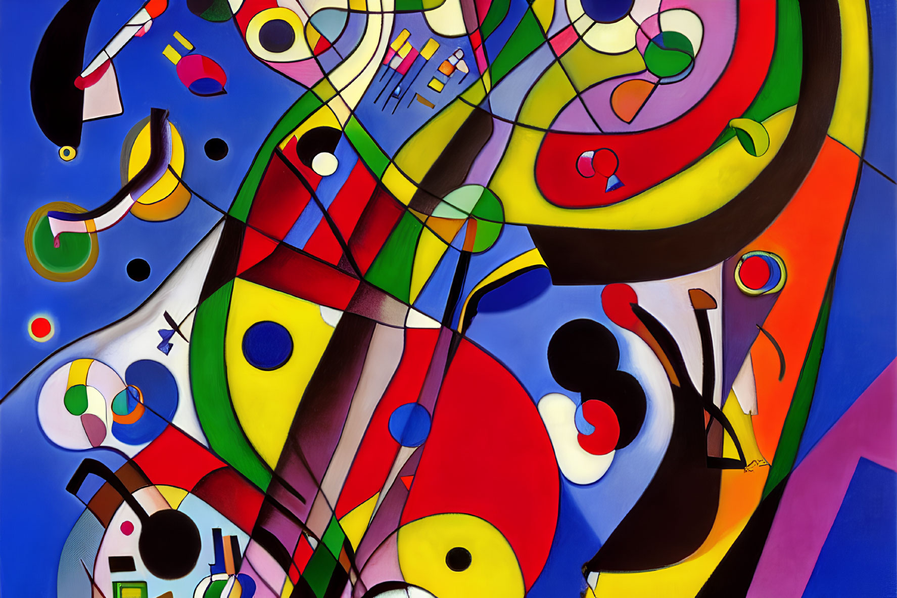 Colorful Abstract Painting with Vibrant Swirling Shapes and Geometric Patterns