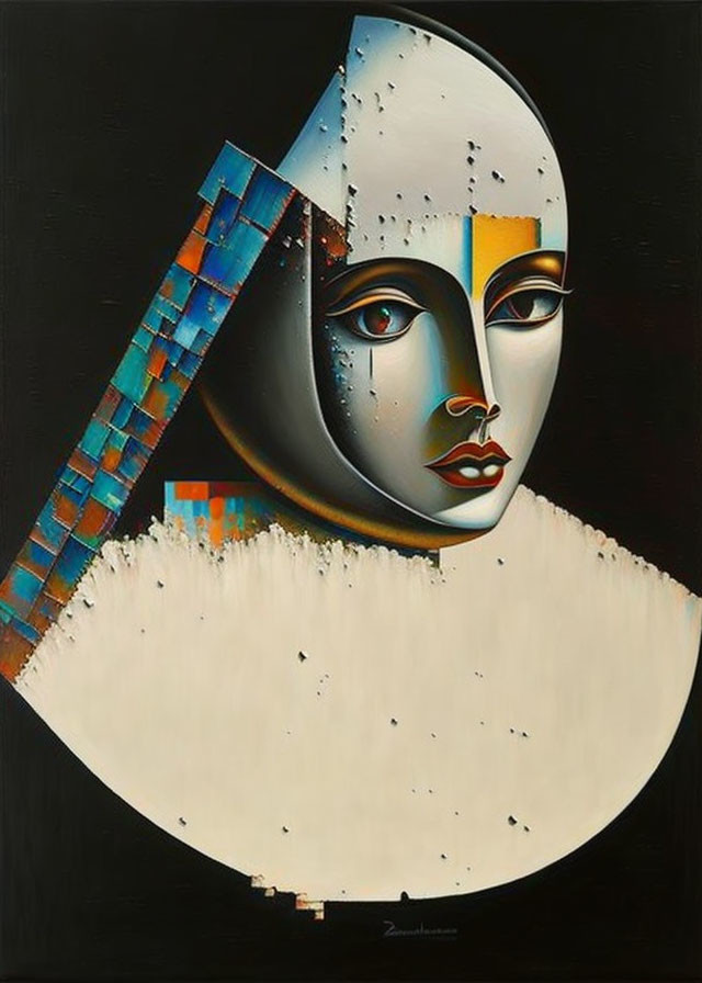 Surrealist painting of female face with pixel-like extension