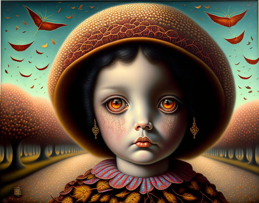 Surreal painting featuring child with expressive eyes and ornate clothing