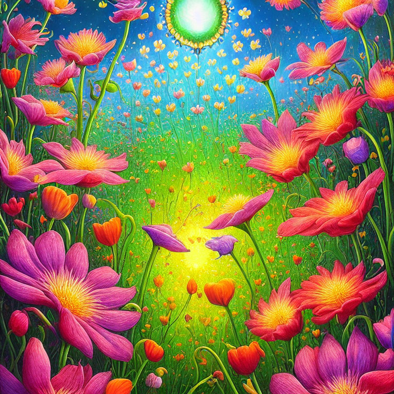 Colorful Pink and Yellow Flower Field in Bright Sunlight