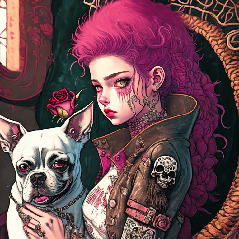 Illustration of woman with pink hair, tattoos, French Bulldog, red rose on dark background