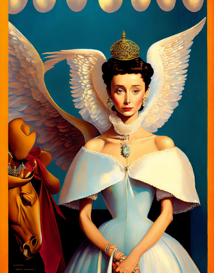 Stylized portrait of woman with angel wings, crown, blue gown, horse, and draped fabric