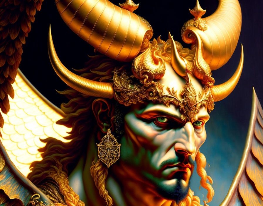 Fantasy character with horns, crown, armor, winged helmet, green skin