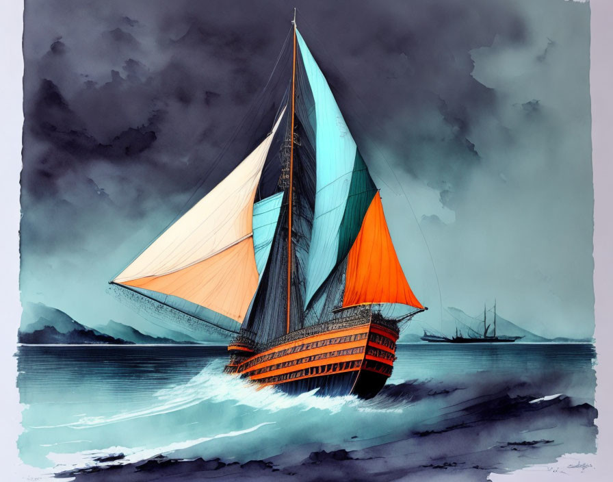 Colorful sailing ship illustration on stormy sea with another ship