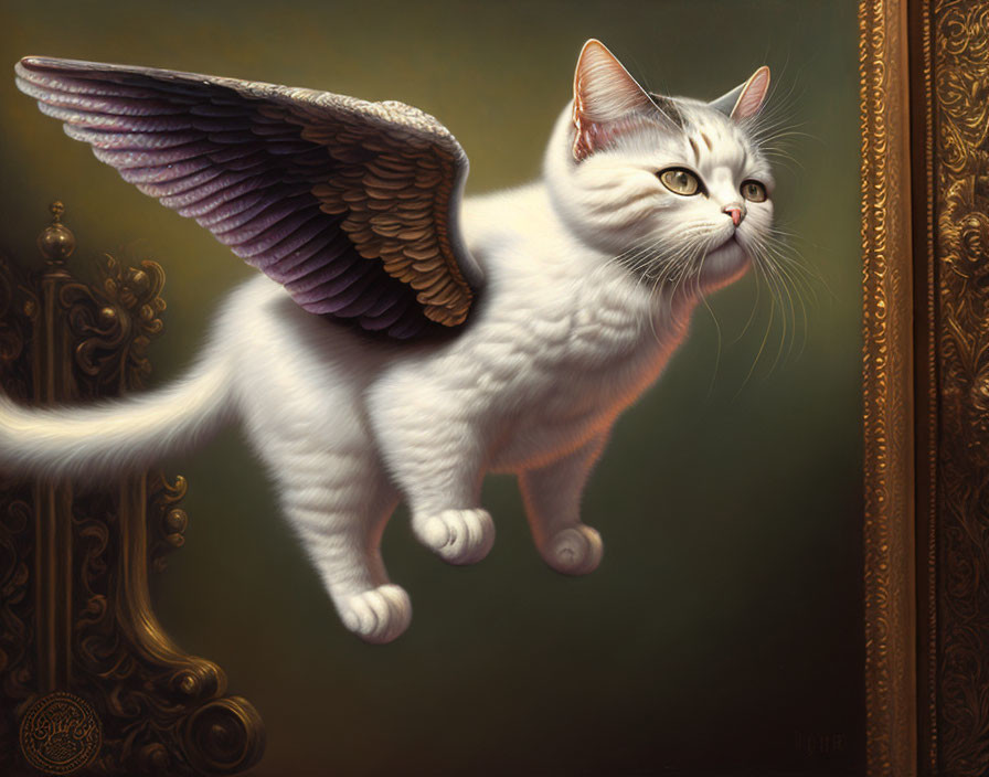 White Cat with Bird-Like Wings in Majestic Classical Painting