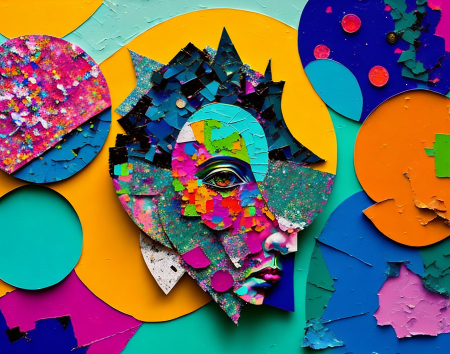 Vibrant abstract collage: fragmented face, colorful geometric shapes