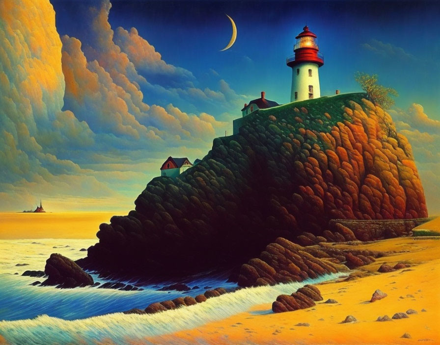 Lighthouse painting: Rocky cliff, dramatic sky, crescent moon, serene sea