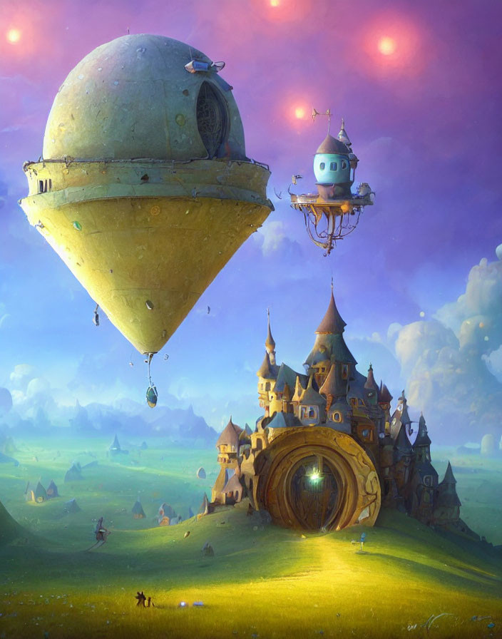 Fantasy landscape with floating city, castle, portal, ship, pink sky, and moons