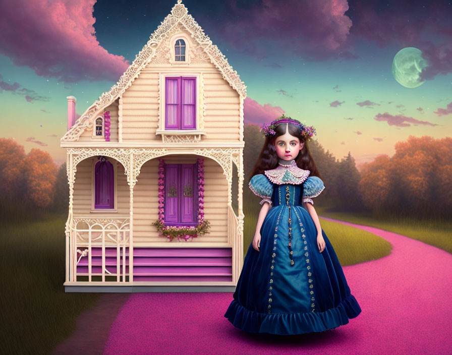 Surreal girl in blue dress by whimsical pink house