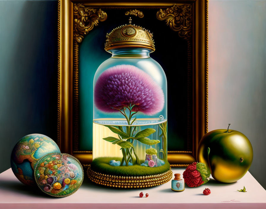 Surreal painting of glass jar with crown lid, purple flower, egg, beads, pot,