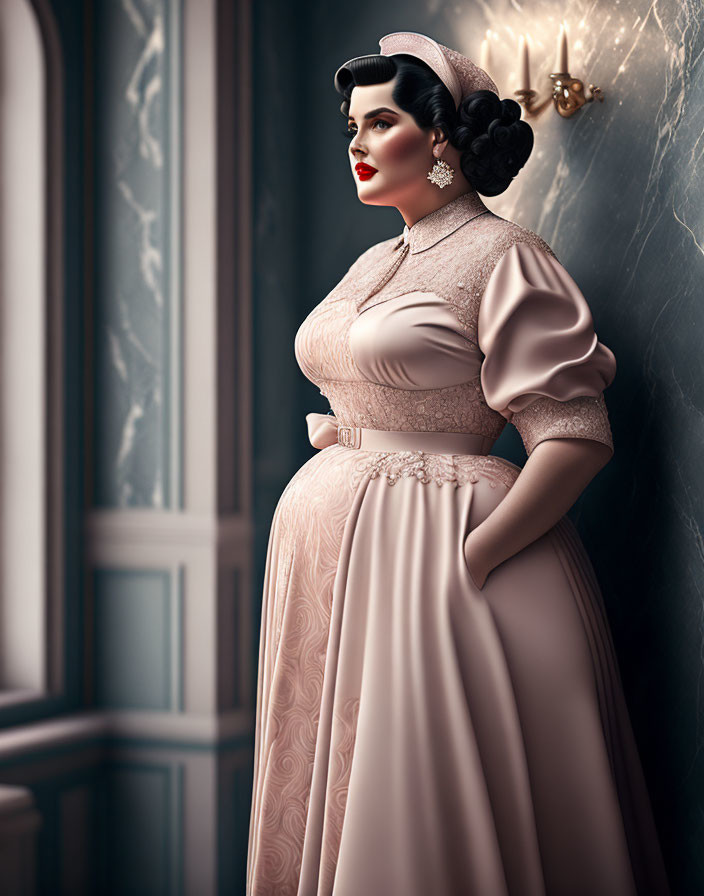 Vintage Pink Dress Woman 3D Rendering with Elegant Hair & Makeup