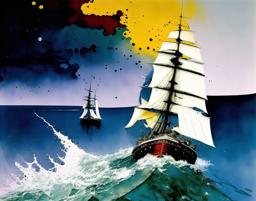 Colorful painting of two sailing ships in turbulent seas with surreal sky.