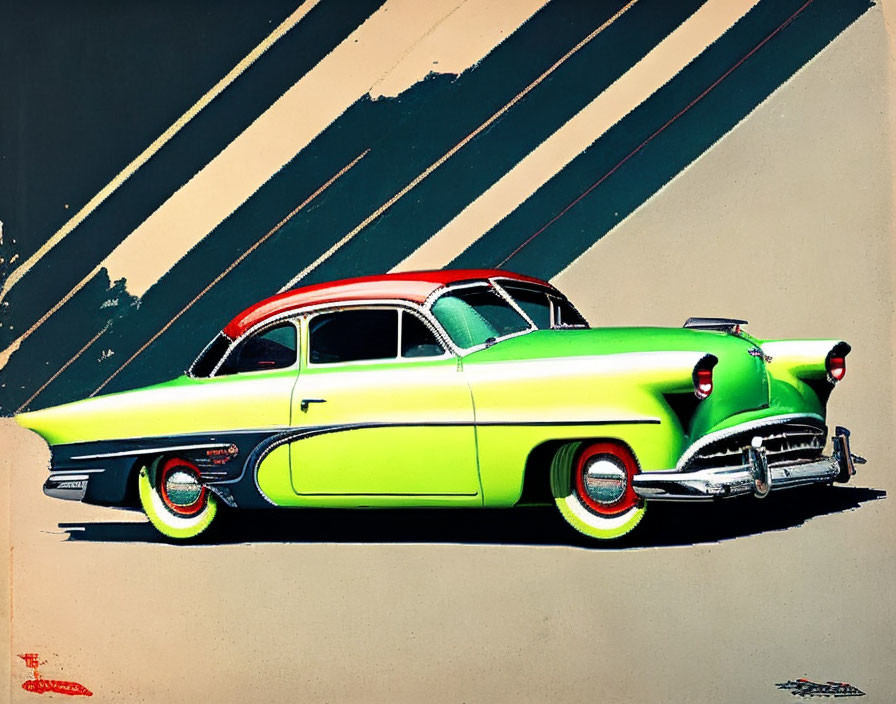 Classic Green and Yellow Two-Tone Car with Red Trim and Tailfins