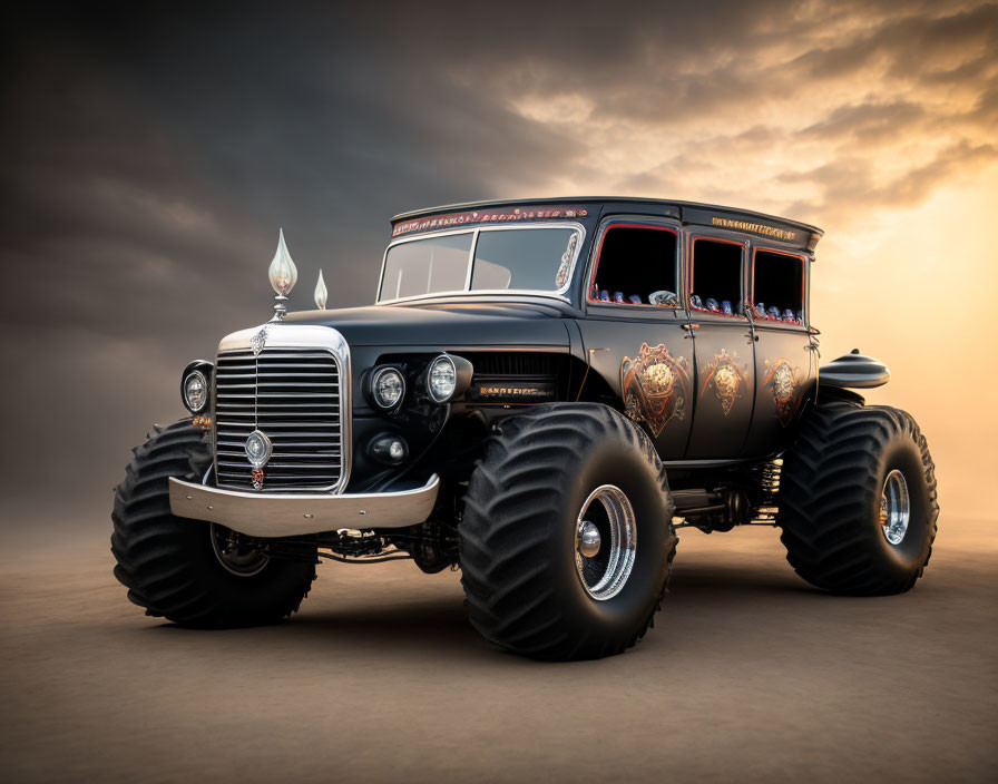 Vintage Design Monster Truck with Ornate Detailing & Off-Road Tires