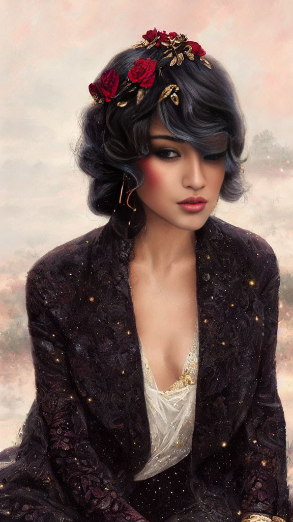 Stylish woman portrait with red roses, gold jewelry, and dark coat