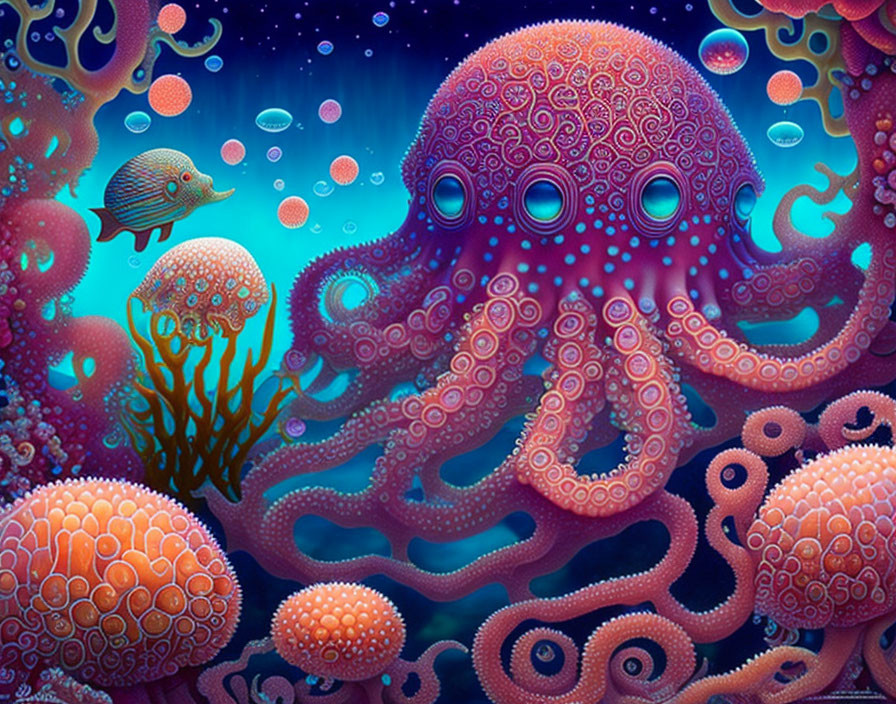 Colorful Underwater Scene with Purple Octopus and Corals