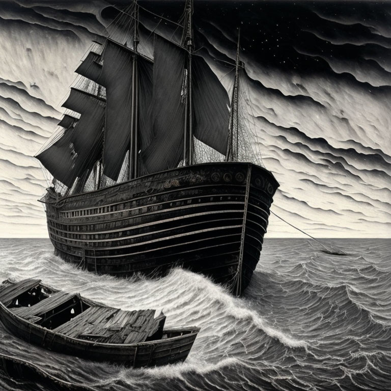 Illustration of old sailing ship with multiple masts in turbulent sea under starry sky.