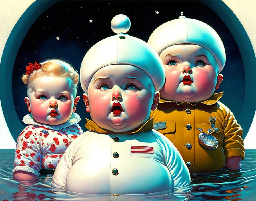 Stylized chubby baby astronauts in vintage space helmets on starry space backdrop