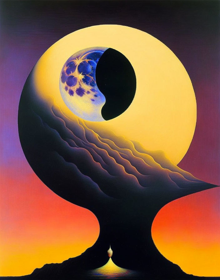 Surreal painting: yin-yang with planet, sun, tree, droplet