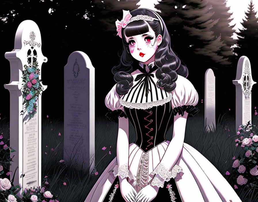 Illustration of gothic girl in black and white dress in cemetery at night