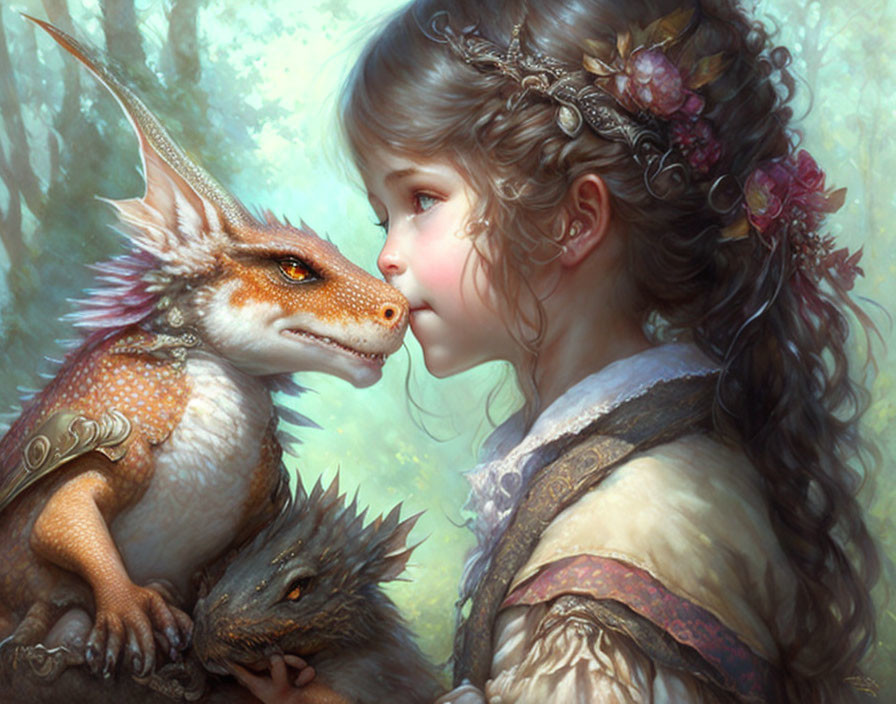 Young girl with floral hairpiece and whimsical dragon in serene forest.