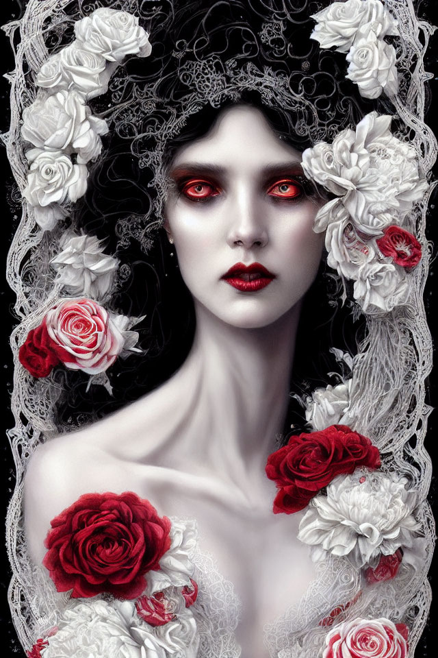 Woman with red eyes and lips surrounded by roses in gothic aesthetic