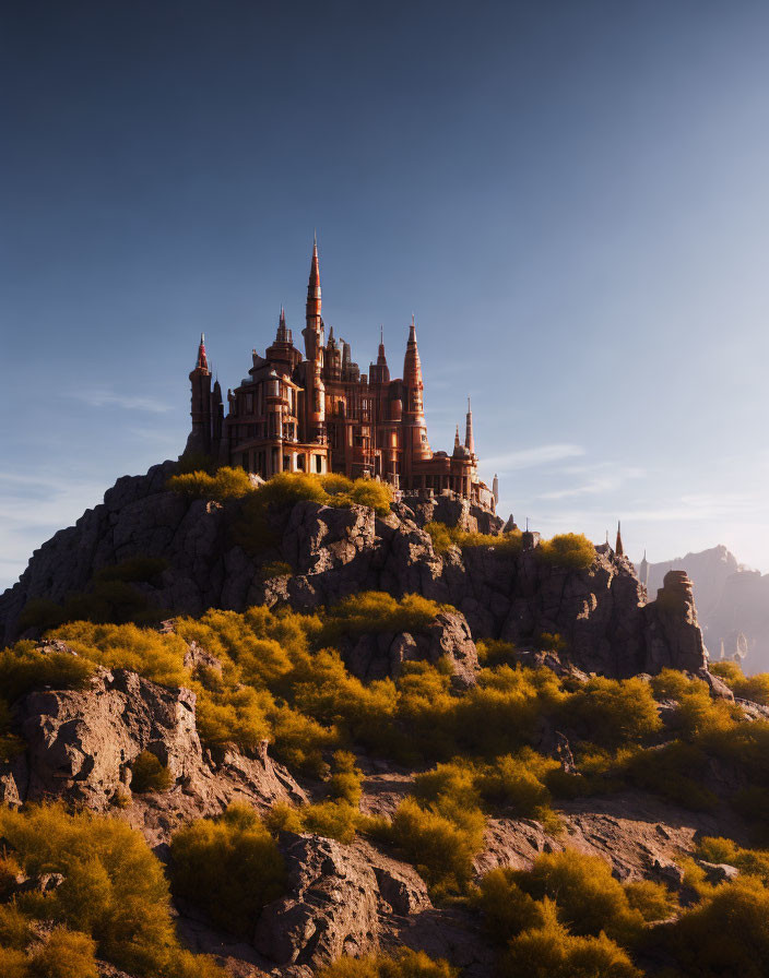 Castle on Rocky Hill with Flowering Shrubs in Warm Sun Glow