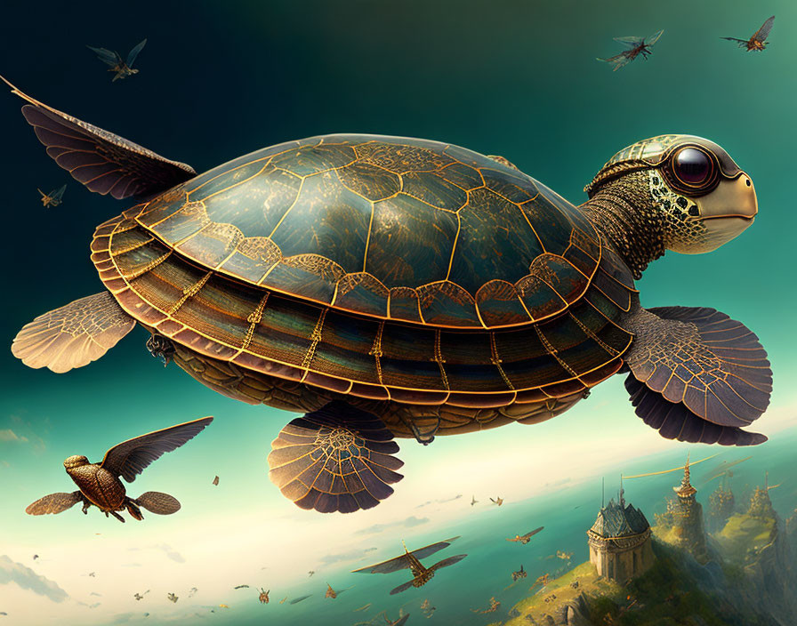 Giant flying turtle with birds and aircraft over floating islands