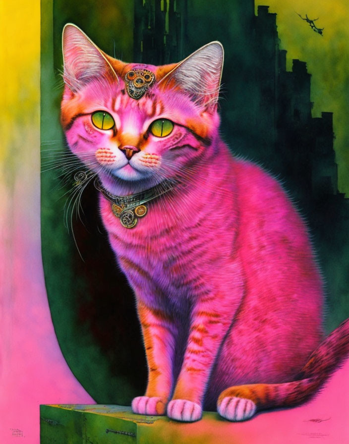 Colorful Pink Cat Artwork with Yellow Eyes and Owl Pendant on Abstract Background