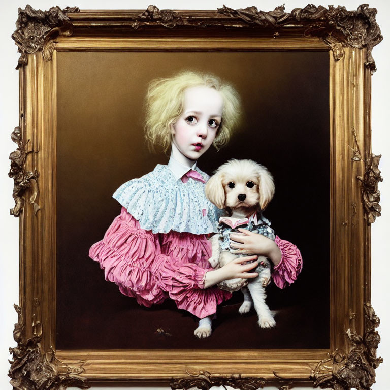 Portrait of person with pale skin and light hair holding a small dog in ruffled pink blouse, framed