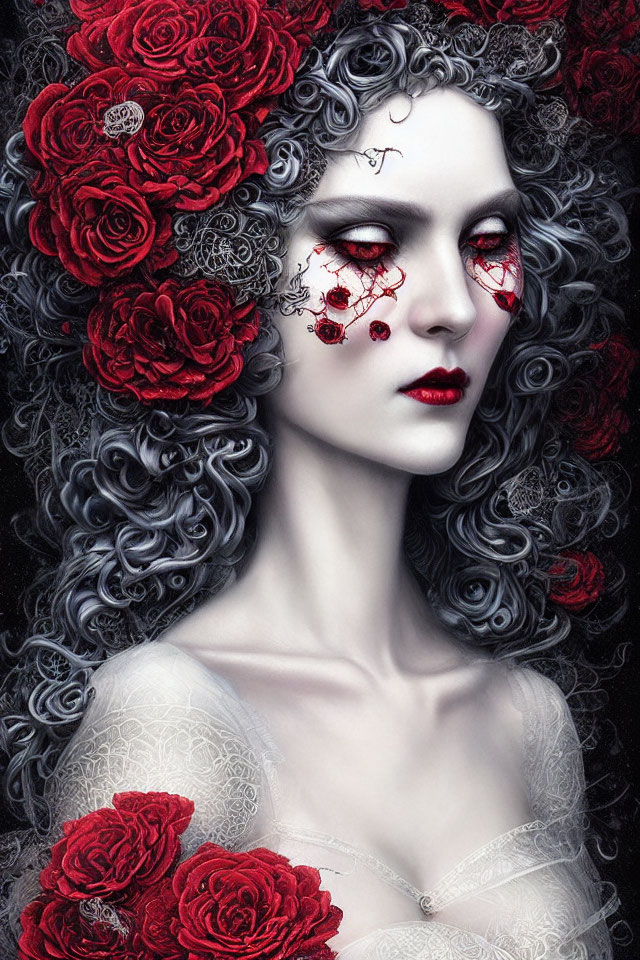 Gothic portrait of woman with pale skin, red and silver curls, red eyes, and dark