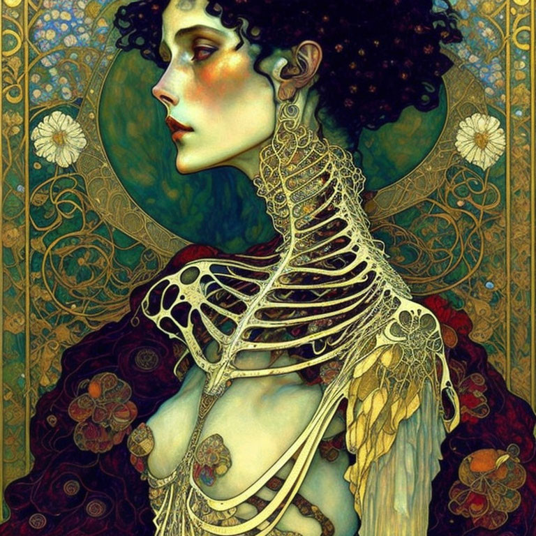 Stylized portrait of woman with black hair in skeletal garment on Art Nouveau background