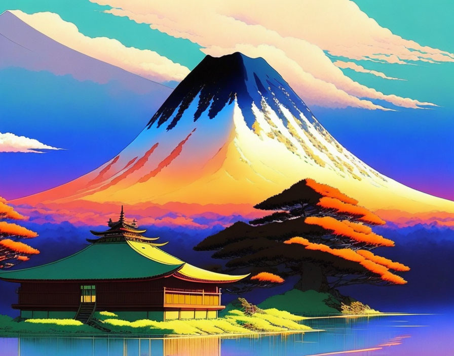 Colorful Mount Fuji landscape with pagoda, pine trees, and reflective water.