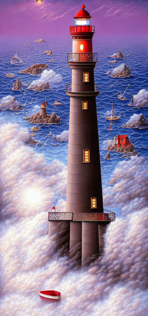 Surrealist lighthouse scene with boats in air and water