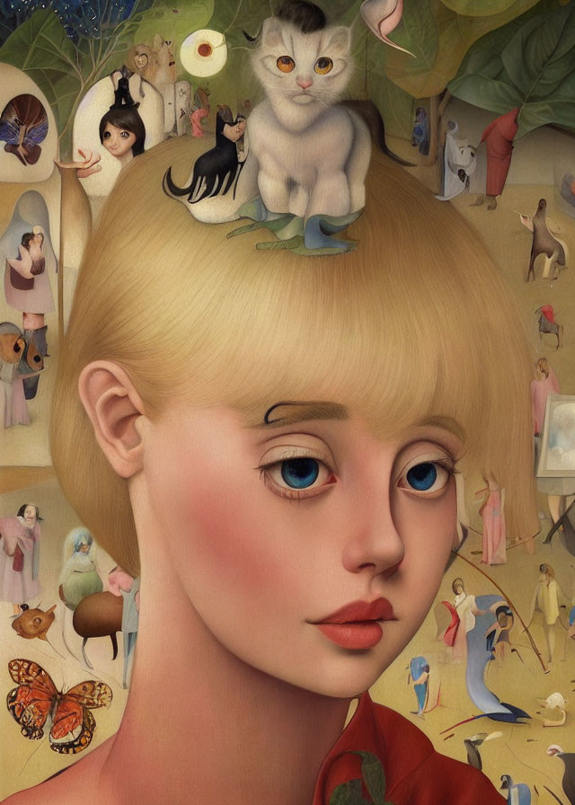 Surreal painting of blonde girl with blue eyes and cat on head