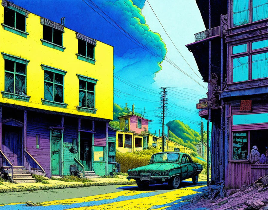 Vibrant urban street scene with vintage houses and parked car