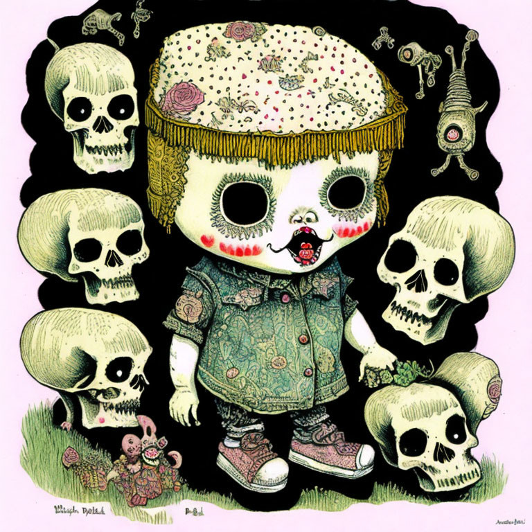 Cartoonish drawing of child with skull-like face in flower outfit surrounded by skulls, toy, and