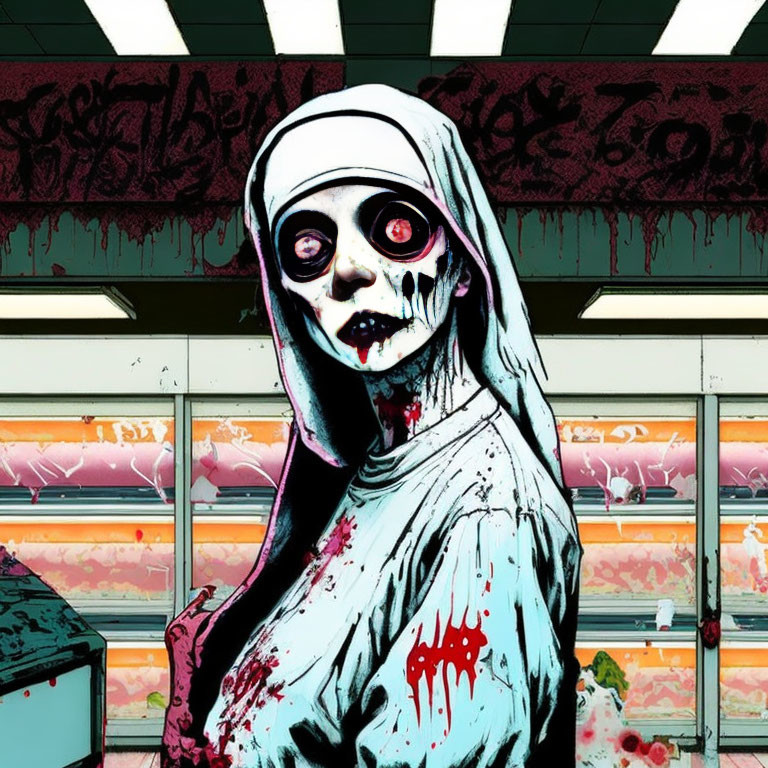 Cartoon-style spooky ghost in butcher shop aisle