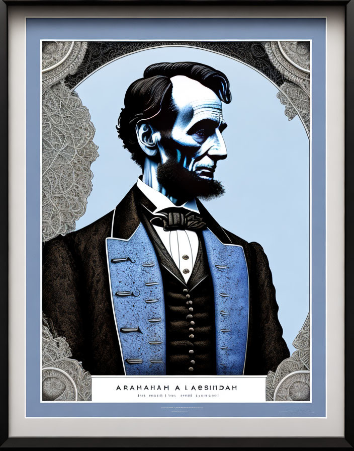 Intricate Blue Abraham Lincoln Illustration with Non-English Script Frame