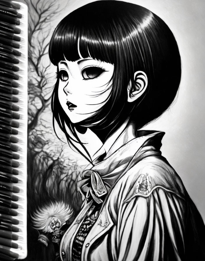 Monochrome illustration of girl with bob haircut, large eyes, scarf, detailed blouse, piano, and