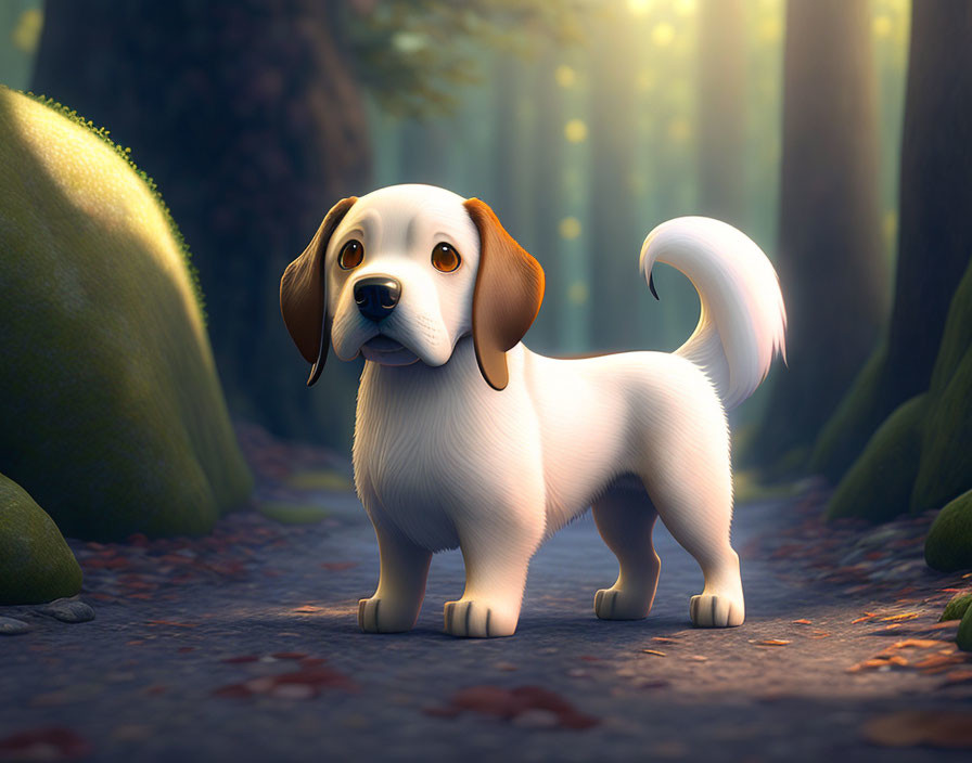 Curious Brown and White Puppy in Sunlit Forest Wondering