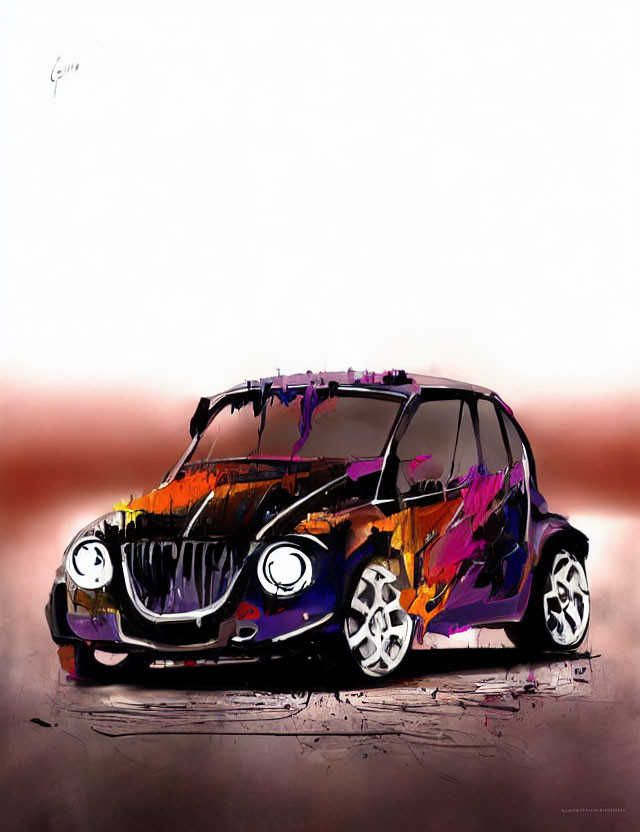 Abstract Colorful Car Painting in Black, Purple, Orange, and White