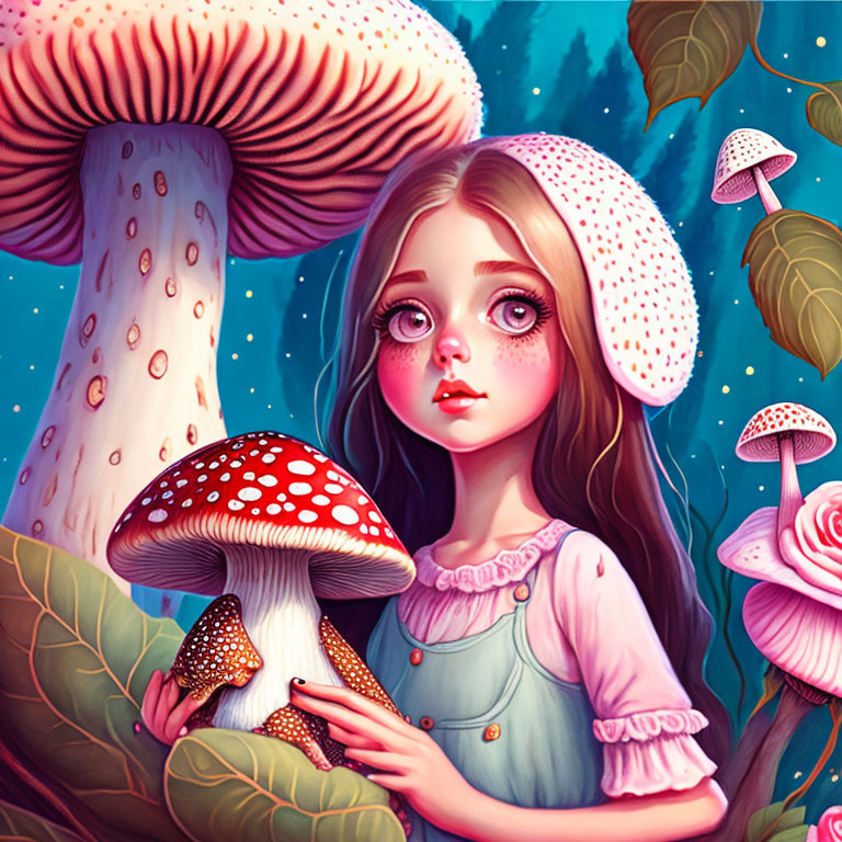 Fantastical mushroom forest girl with large eyes illustration